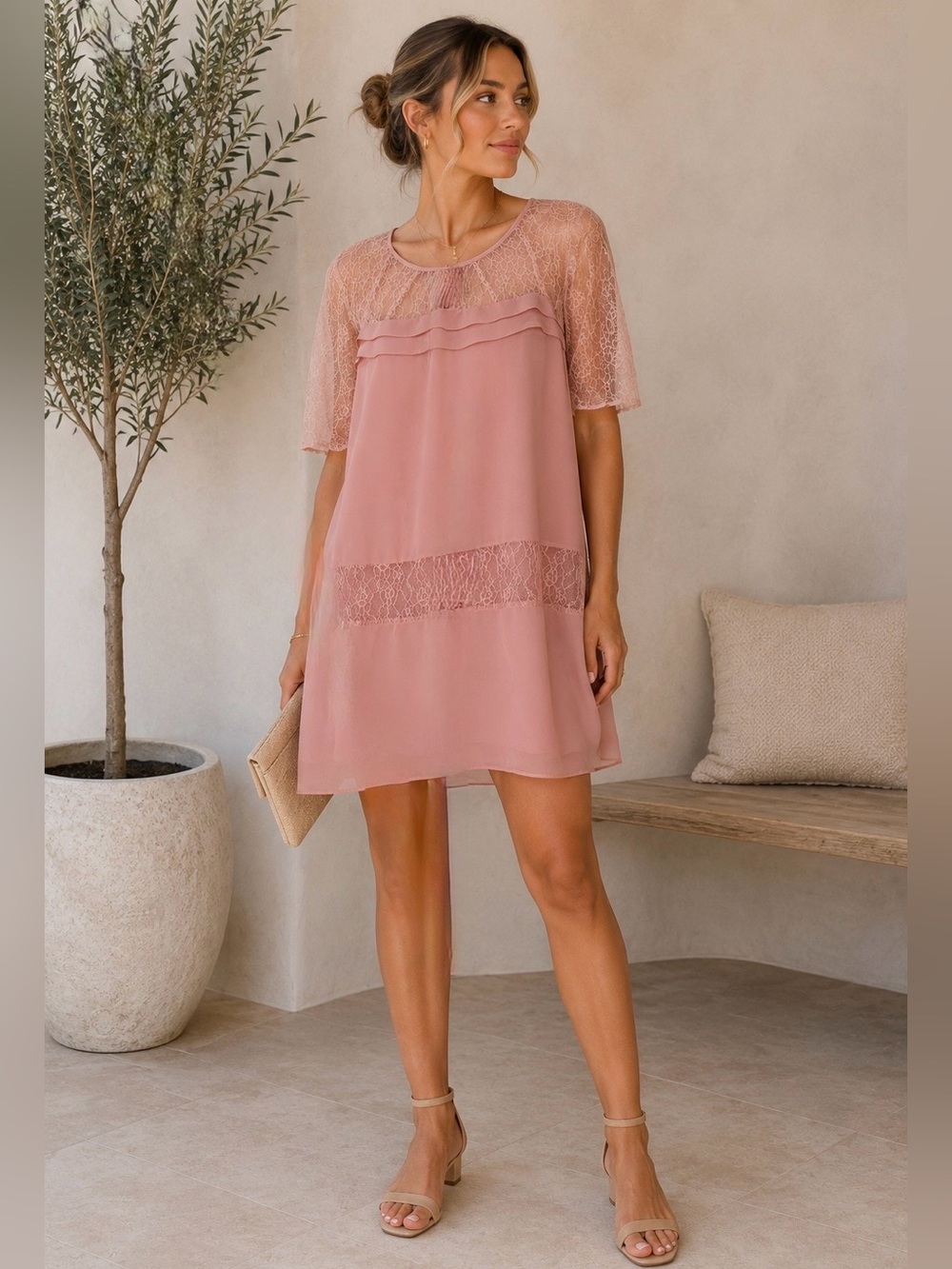 BCBGeneration Lace-Panel Shift Dress in Dusty Rose